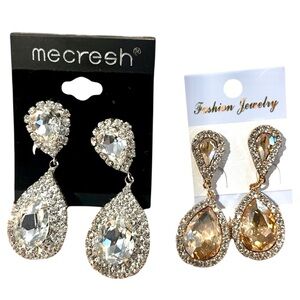 Rhinestone Teardrop Statement Earring | Crystal & Champagne | 2 Pair Set Bundle